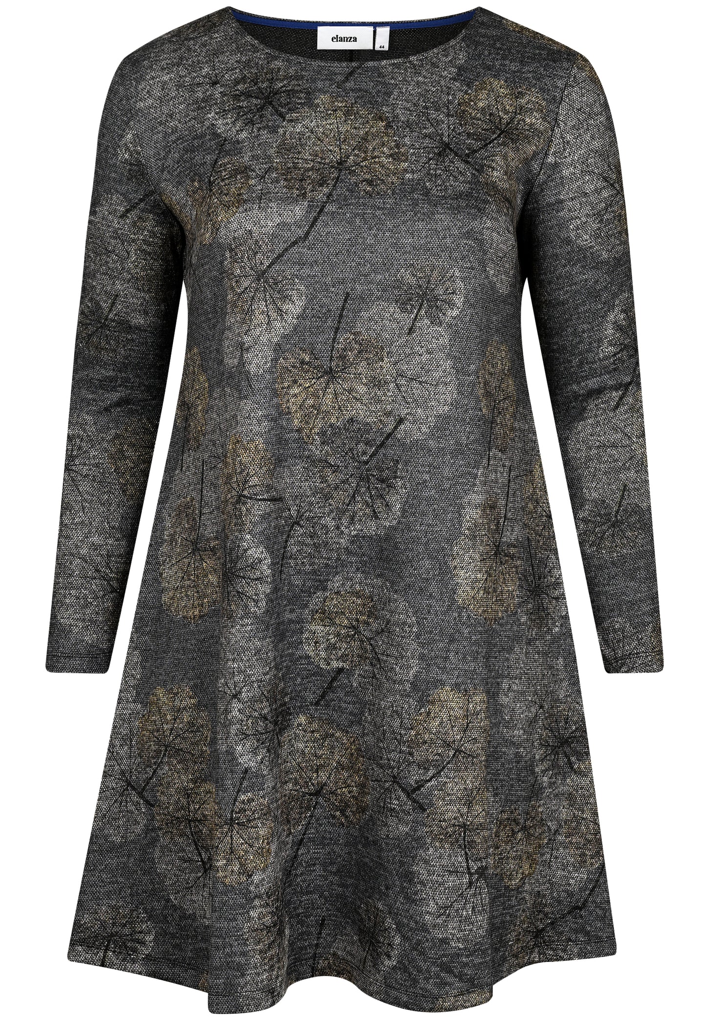 E25891 Kleid mit Ginko-Print in Grau/Blau