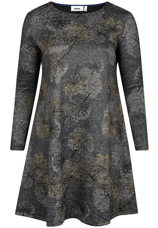 E25891 Kleid mit Ginko-Print in Grau/Blau
