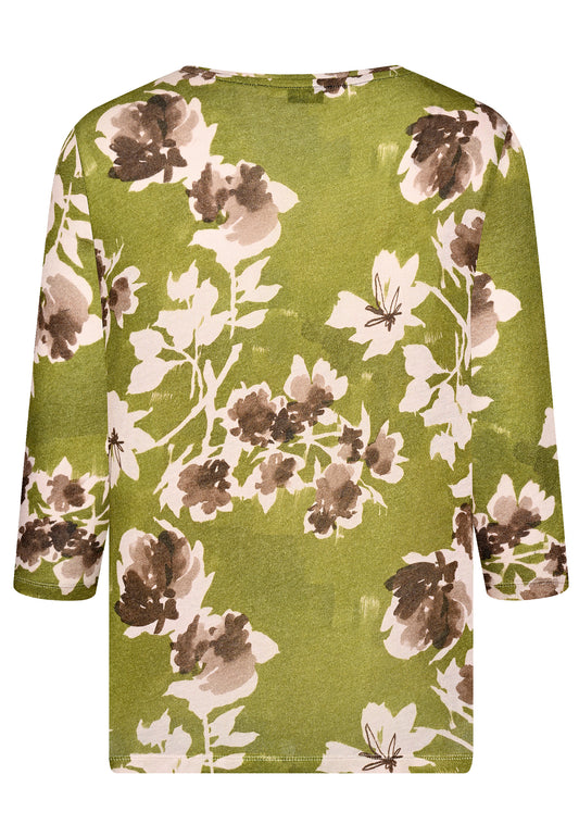 E25894 Feinstrick-Shirt mit Blüten-Print in Grün/Rosé