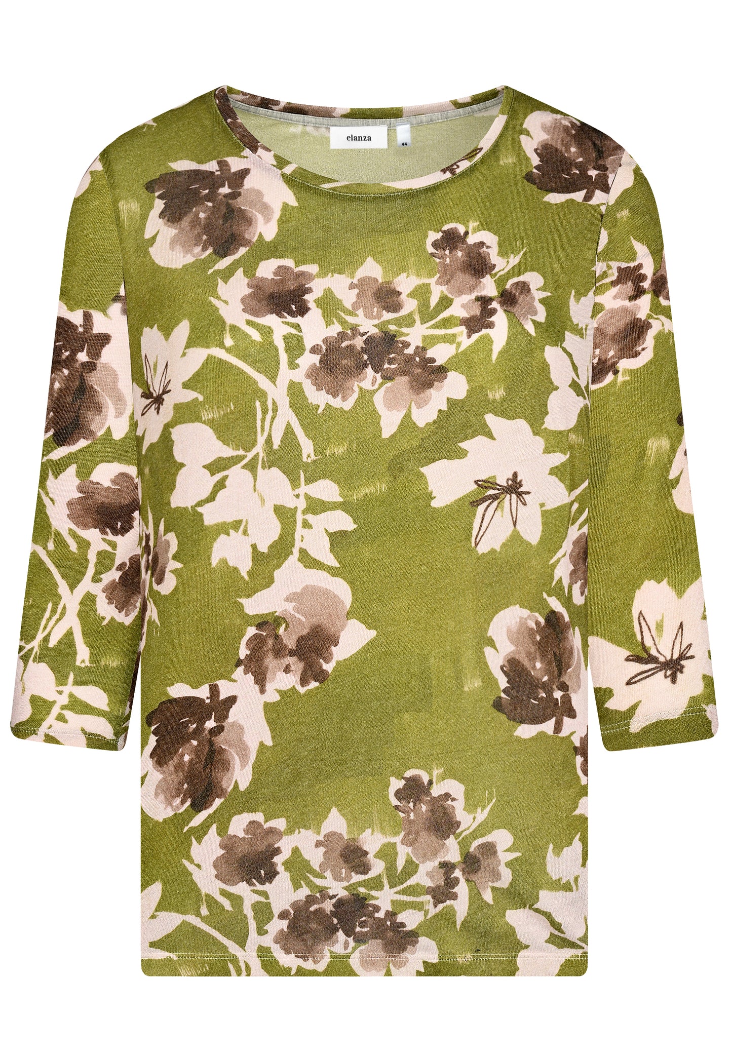 E25894 Feinstrick-Shirt mit Blüten-Print in Grün/Rosé