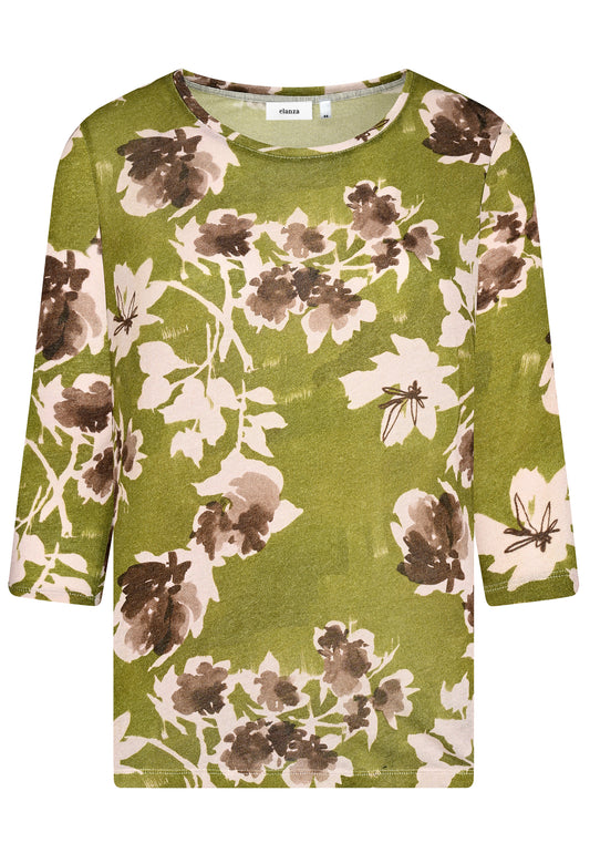 E25894 Feinstrick-Shirt mit Blüten-Print in Grün/Rosé