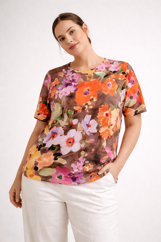 E26384 Shirt Flower Print - 14/brown-multi